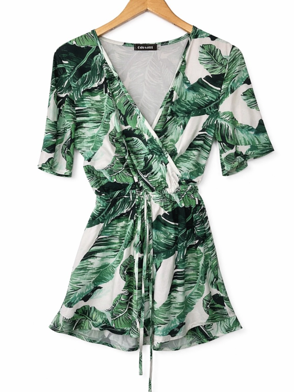 Tropical Palm Leaf Romper 🌿 Green White Wrap Tie Waist Vacation Summer Small - Picture 2 of 5